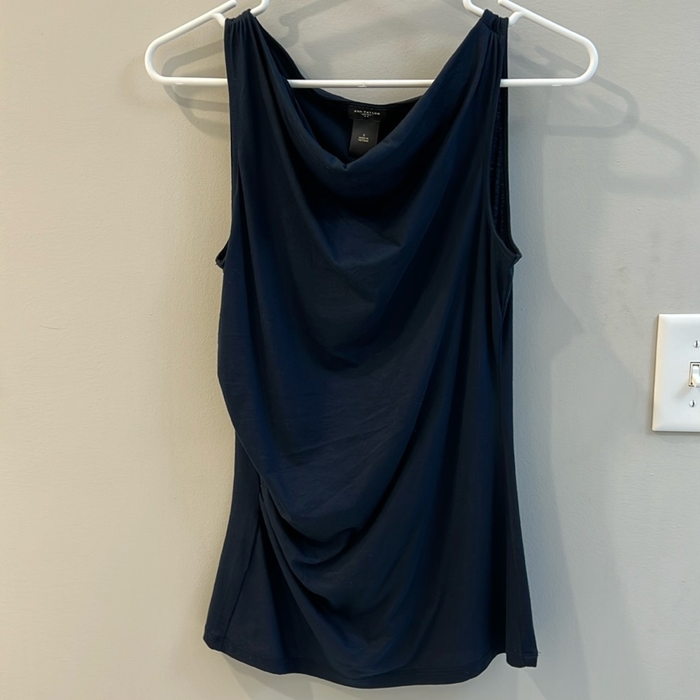 Ann Taylor Navy Top,  Side Ruching with Draped Neckline